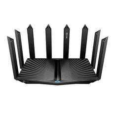 A TP-link router that looks like a black slab bristling with sharp angular towers on three sides.