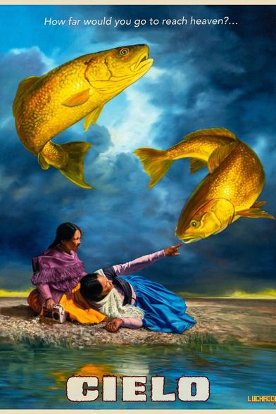 Movie poster for the Spanish language film, Cielo, depicting a semi-religious scene of a girl and a mother on the ground as golden fish swim above them in the air