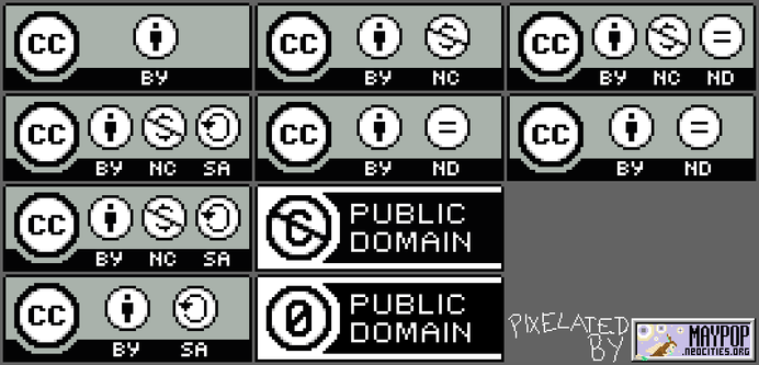 A full set of pixel art Creative Commons 88x31 badges, except for the Euro versions.

Each is a greenish-gray rectangle with black at the bottom, and a white circle with a black outline and "CC" inside at the left side. To the right of said circle are one to three smaller circles with icons inside them, representing the components of the license. Below each of those circles, in the black part of the badge, are two small white letters naming that component.

There are also two "public domain" badges, both white rectangles with a similar circle to the others, and black regions to the right of the circle. There is text inside the black portions that says "Public Domain," and the circles contain the digit zero and a crossed-out letter C respectively.