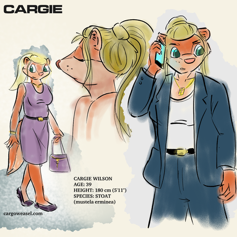 A model sheet depicting a 39 year old weasel femme talking on a phone in a business suit, walking in a purple dress, and a closeup of her messy high ponytail hairstyle