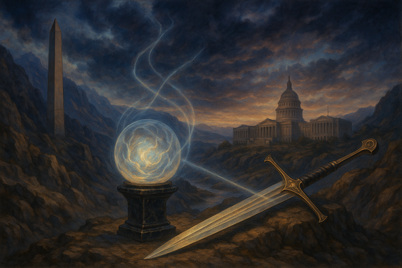 A glowing crystal orb rests atop a black marble pedestal, swirling with golden and pale blue light. Beside it, a luminous sword lies embedded in rocky ground, its hilt adorned with elegant detailing. Ethereal beams of energy connect the two artifacts. Behind them, a dramatic mountain landscape rises on both sides, cradling a reimagined Washington, D.C. — the Washington Monument stands tall to the left, while a fantasy-style Capitol building dominates the right. Storm clouds churn above, casting a twilight glow across the scene. The overall atmosphere blends epic fantasy with American neoclassical architecture, evoking majesty, mystery, and power.