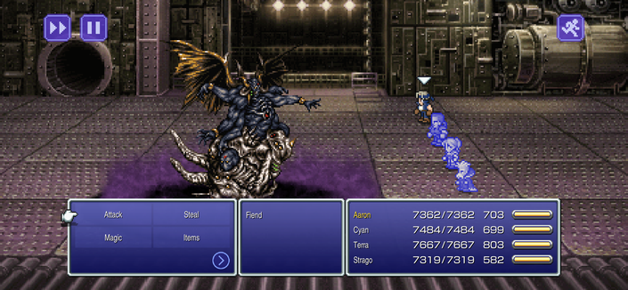 Alt Text Description: A top-down view of a dungeon-like environment in the video game Final Fantasy VI. The screen is divided into several sections, each with different UI elements and character portraits. Characters are shown using specific attacks or spells, indicated by icons above their heads and text descriptions on the bottom right. A character in the center appears to be casting a spell on another character, depicted with a blue magic circle around them. The environment is complex, with multiple walkways and walls that create a sense of depth.