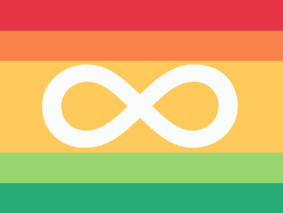 The image shows the Autistic Pride flag, which has six horizontal stripes in red, orange, yellow, light green, dark green, and green, arranged from top to bottom. A white infinity symbol is centered on the yellow stripe, standing out against the background.