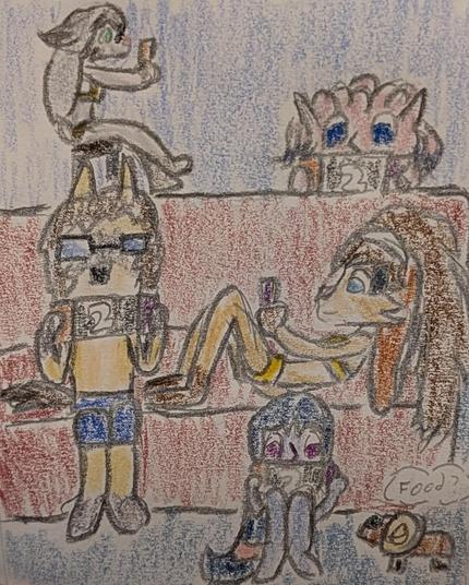 Color pencil drawing of several characters. Lop Norausa, a Lepi woman from Star Wars Visions, and Eli Norainu, an anthro dog man my main OC, sit on the couch. Below Lop, Azusa Riyo, a Pantoran woman from Star Wars, sits on the floor. Above Lop, Ayame Alba, a Mikkian woman from Star Wars, leans over the back of the couch. In the back, Silva Leon, an anthro cat woman, sits on a stool. They are all playing their Nintendo Switch 2. Mr. Scruffles, a bantha plushie from Star Wars, looks at Riyo and asks for food.
