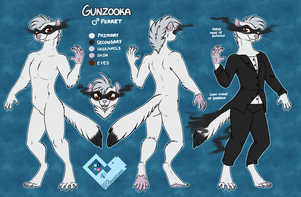 Digital art of a ferret character made for an art reference. They are all white with a black tipped tail and a black mask made of wispy shadow. They also have a tail coat suit where the tails of the coat are also made of wispy shadow.