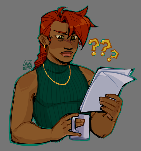 A coloured doodle of a man with tan skin and red hair tied into a long braid looking confusedly at a bundle of papers and holding a coffee mug. He is wearing gold earrings, a gold necklace and a green sleeveless turtleneck.
