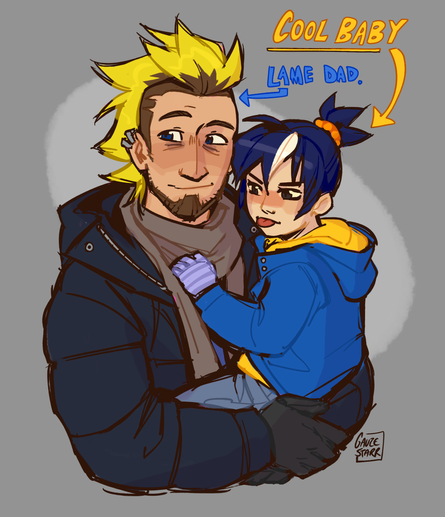 Coloured doodle of a white man with a dyed yellow mohawk and beard smiling and looking off to the side. He is holding his child in his arms, who has pale skin and dark blue hair tied into a ponytail with a spot of poliosis in their fringe- they are also looking off to the side and sticking out their tongue. Both are wearing coats and gloves. Text above them with arrows pointing to each of them reads "Cool baby" and below, "Lame dad."