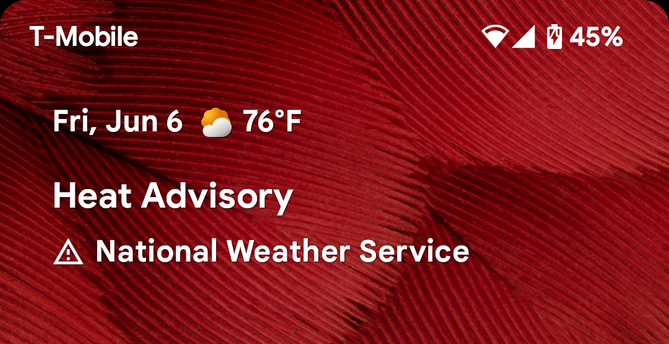 Screenshot of a phone interface with an alert from the National Weather Service of a Heat Advisory. The temperature shows that it's 76 degrees F.
