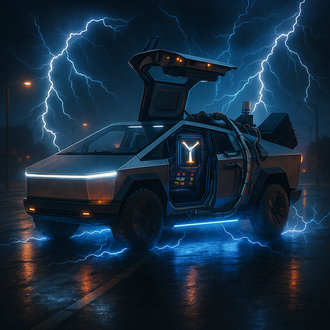 Back To The Future with a Cybertruck. Better keep that lightning away from the batteries!