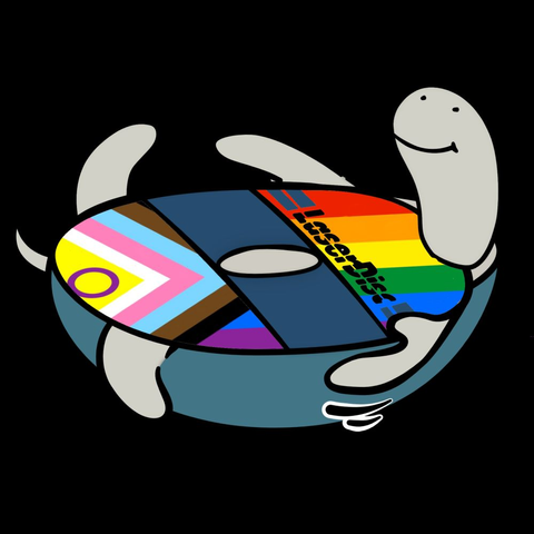 Flippy the LaserDisc Turtle edited in photoshop so it's disk chine is the progress pride flag instead.