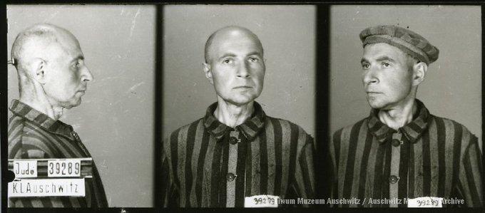 A mugshot registration photograph from Auschwitz. A man with a shaved head wearing a striped uniform photographed in three positions (profile and front with bare head and a photo with a slightly turned head with a hat on). The prisoner number is visible on a marking board on the left.