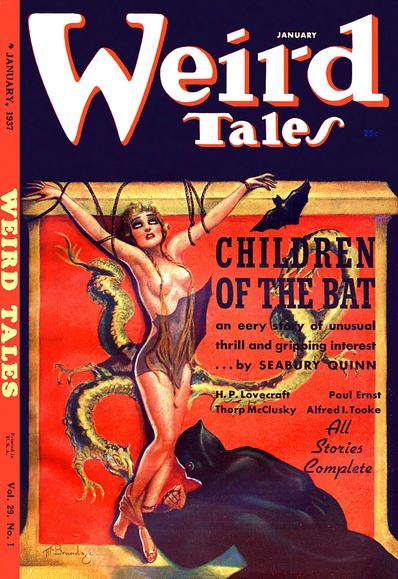 A woman in very revealing clothing is tied to a panel with a painting of a golden east-asian-looking dragon on it, her feet still in the process of being tied by a cloaked, masked figure; a bat is flying across the scene.
Weird Tales magazine cover from 1937.