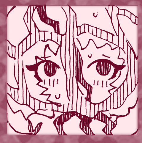 An ink drawing of a Basket Stinkhorn girl, her face splitting and obscured beneath her basket.