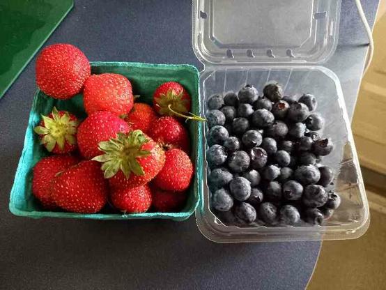 pint of strawberries in green board box and pint of blueberries in plastic clamshell container sit side by side on a dark blue formica kitchen counter, sunlight from right