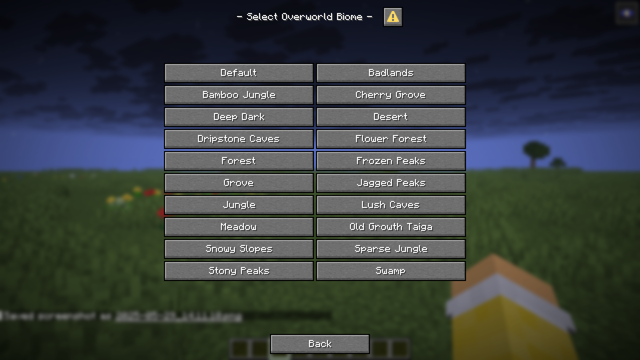 A Minecraft GUI displays options for biomes to change the music for, "Default", "Bamboo Jungle", "Deep Dark", "Dripstone Caves", "Forest", "Grove", "Jungle", "Meadow", "Snowy Slopes", "Stony Peaks", "Badlands", "Cherry Grove", "Desert", "Flower Forest", "Frozen Peaks", "Jagged Peaks", "Lush Caves", "Old Crouth Taiga", "Sparse Jungle", and "Swamp” listed across two rows.