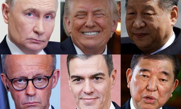 Vladimir Putin, Donald Trump, Xi Jinping, Friedrich Merz, Pedro Sánchez y Shigeru Ishiba. (Reuters / Getty)