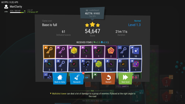 Results of a run on Level 1.3 in Infinitode 2. 
Waves: 61. 
Score: 54,647. 
Time: 21'11". 

There's more than two rows (one row being 8 items) of loot so the game requires me to scroll down to see all the loot.