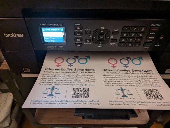A brother printer with a bright screen on the top left, and a GALDEF card saying Different Bodies. Same Rights in the printed tray.