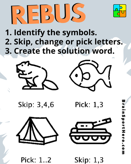 Identify the symbols and images. Skip, change or pick the correct letters. Create the solution word.
