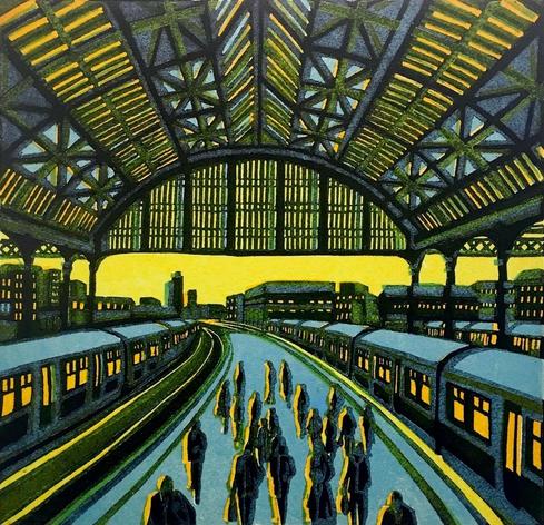 A print of an old Victorian railway terminus in London with a high arch roof above. We see a platform extending into the distance with trains on either side and passengers milling around. The lighting is suggestive of early morning or late evening sun.
