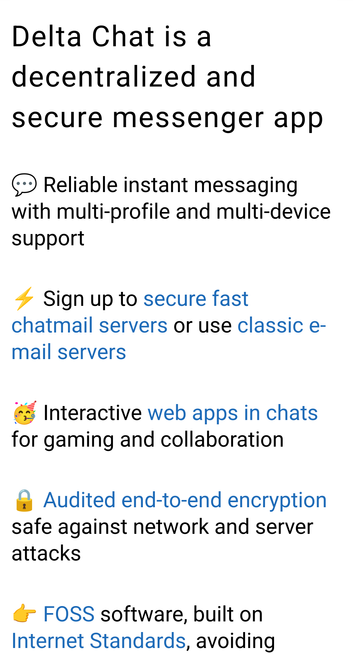 Screenshot of mainmpage at https://delta.chat