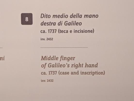 Description by the museum:
Middle finger
of Galileo's right hand
ca. 1737 (case and inscription)