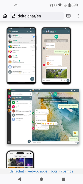 Screenshot of the android, iOS and desktop apps taken from https://delta.chat