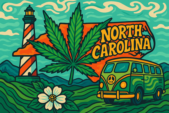 A psychedelic illustration features North Carolina’s state shape behind a large cannabis leaf, a striped lighthouse, a green peace van, and a white dogwood flower in a colorful, retro landscape.