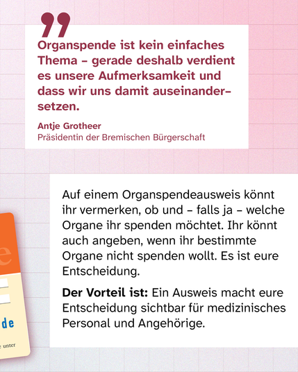 Zitat von Antje Grotheer über die Wichtigkeit der Auseinandersetzung mit dem Thema Organspende, begleitet von Informationen über Organspendeausweise.