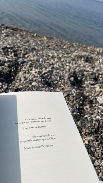 La imagen muestra un libro abierto en una playa de guijarros, mar en calma al fondo, a primera hora del día, con texto visible en la página en el que se leen, junto a la línea de sombra de la página anterior, la cita de unos versos de Joan Salvat-Papasseit en español y catalán:

“Caminante cerca del mar
ruega por los marineros que llegan”.
