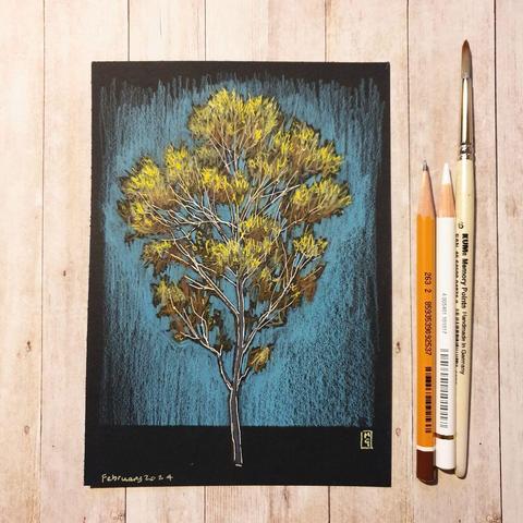 A colour drawing on black paper of a yellow leafed slender autumn tree.
An original art work
Colour pencil and mixed media on acid free toned artist paper
5 by 7 inches (12.7 by 17.8 cm). This is a standard photo size in the UK and USA and should be easy to DIY frame.
Sold unframed
