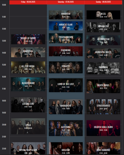 Metalfest Open Air 2025 schedule. Kreator play on Saturday, the 7th of June, from 21:30 to 23:00.