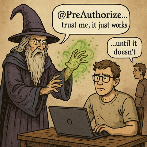 A medieval wizard casting spells over a confused developer — Caption: “@PreAuthorize… trust me, it just works.” In the background someone continues “until it doesn’t”