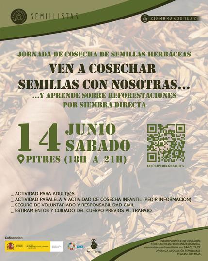 Cartel de las jornadas de voluntariado, explicando que tendrá lugar el sábado 14 de junio, de 18 a 21 horas, en Pitres (Granada). Es una actividad para adultos gratuita con necesidad de inscripción.