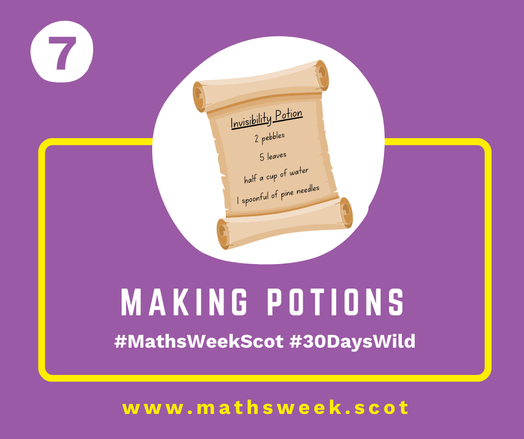 A colourful graphic with a purple background and a yellow frame. Overlapping the top of the frame is a white circle with a picture of a scroll with a potion recipe. Inside the yellow frame are the words "Making Potions" and the hashtags #MathsWeekScot and #30DaysWild. Under the frame is the Maths Week website URL.