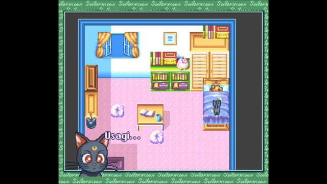 A screenshot from the 1995 Super Nintendo game, Sailor Moon Another Story.  A 16 bit, rather pink bedroom has a blonde girl sleeping in the bed.  A black cat is standing on her prone form waking her up.  Aside from being able to talk, (the speech bubble says "Usagai" which is the Japanese word for Bunny.  Her name in the English Dub is Serena.) that sounds very cat-like.