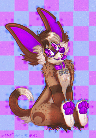 An anthropomorphic chihuahua is sitting cutely and looking at the viewer with their tongue sticking out.