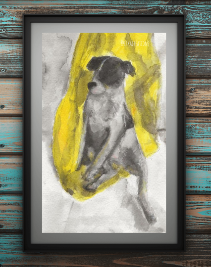 Aquarelle de "ma" Snoopy, aujourd'hui disparue, Florette, assise et pensive sur un rideau jaune. Traduction de la citation : "je crois que j'ai découvert le secret de la vie : il faut attendre jusqu'à s'y habituer"