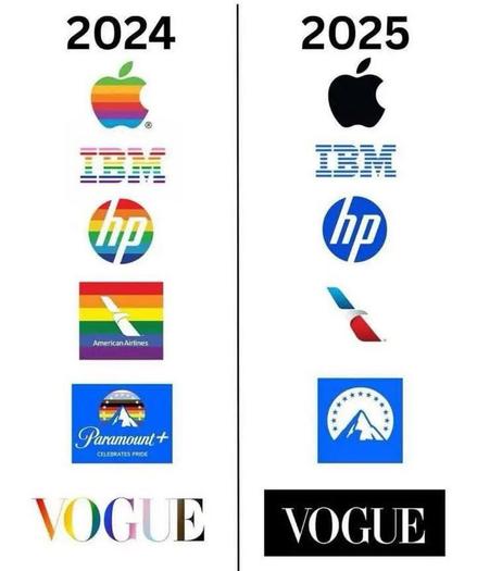 2024: die brands apple, IBM, hp, american airlines, paramount+ und VOGUE in regenbogenfarben (logos)

2025: alle brands ohne regenbogenfarben in ihrem normalen design