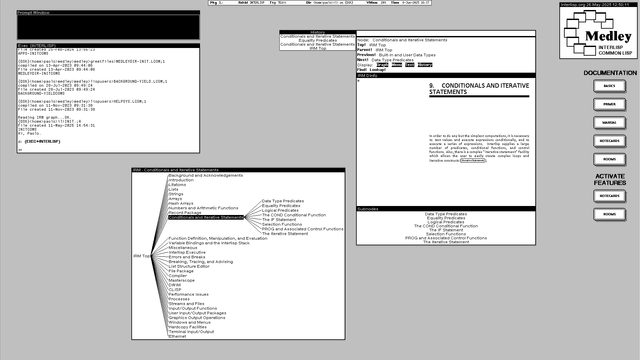 Screenshot of the black and white desktop of a 1980s graphical workstation environment. The desktop has a gray background pattern and some windows with a white background and a title bar with white text on a black background. The main application on the desktop is a documentation browser made from 5 windows attached together by a side. A sixth window of the documentation browser is detached from the others and shows a graphical table of contents tree.