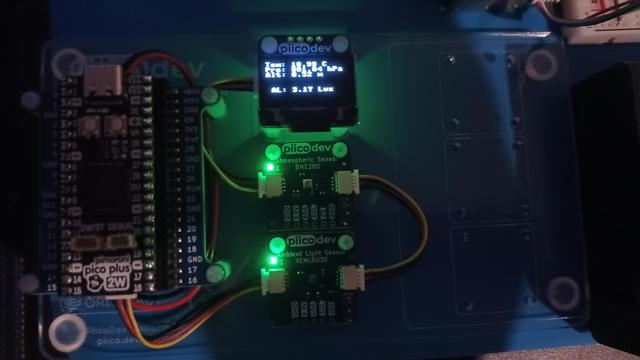 Pimoroni Pico Plus 2 W + PiicoDev LiPo Expansion Board + PiicoDev OLED Display Module + PiicoDev Atmospheric Sensor + PiicoDev Ambient Light Sensor