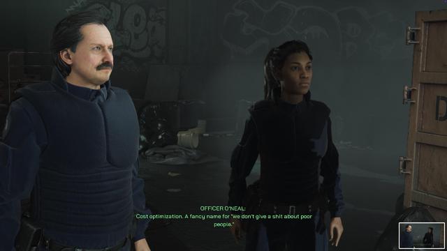 The image features two individuals in a dimly lit, graffiti-covered setting. One person, wearing a blue uniform and a mustache, appears to be speaking, while the other, a woman in a similar dark outfit, looks on. The dialogue reads: »Cost optimization. A fancy name for "we don't give a shit about poor people.“«