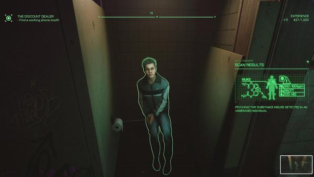 An individual is depicted in a narrow restroom stall, displayed with a augmented reality overlay indicating health metrics and warnings about substance misuse. The text suggests the person is underage and experiencing several alarming health issues due to psychoactive substance misuse like an dangerously high heart rate of 180 to 190 bpm.