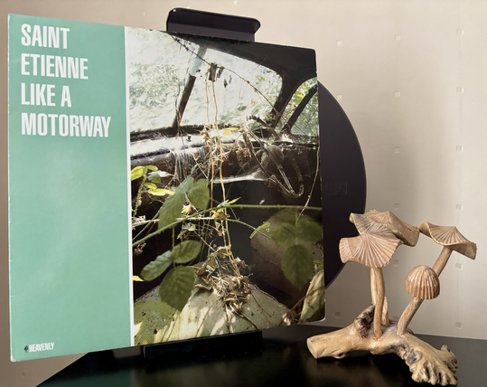 Artists name and song title occupy the left third of cover in a plain white capital font on a sea green solid background. The remaining 2/3rds of space is a photograph of the interior of a disused van that’s lay so long it’s gained some plant life along with spiders webs.