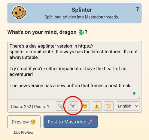 A screenshot of Splinter dev version with the force post break button highlighted.