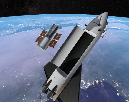 A long cylindrical shuttle hovers near the hubble telescope. Its bay doors are open (so most of the cylinder is exposed to space) and the telescope is parallel to the empty bay. In the background, the Earth rotates by silently.