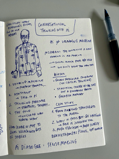 Julia’s sketchnote of a talk by Sjors Timmer at UXCamp Europe 2025 on Conversational Thinking with AI