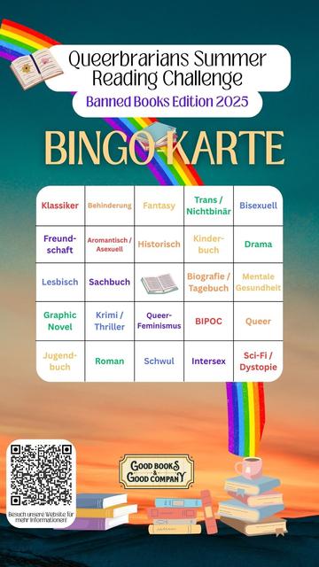 Bingokarte zur Challenge, 5 x 5 Matrix, wir folgt von oben links nach unten rechts gefüllt: Klassiker Behinderung Fantasy Trans / Nicht-binär Bisexuell Freundschaft Aromantisch / Asexuell Historisch Kinderbuch Drama Lesbisch Sachbuch Bingo (ist bereits abgehakt) Biografie/Tagebuch Mentale Gesundheit Graphic Novel Krimi / Thriller Queerfeminismus BIPOC Queer Jugendbuch Roman Schwul Intersex Sci-Fi / Dystopie