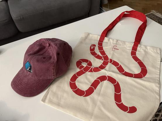Merch des VÖBB - Basecap und Bücherwurm-Beutel