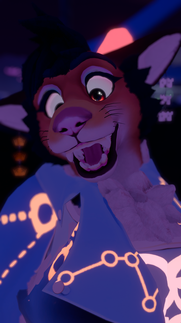 A foxdeer wearing a jacket with glowing constellation patterns on it, looking at the camera very excitedly.